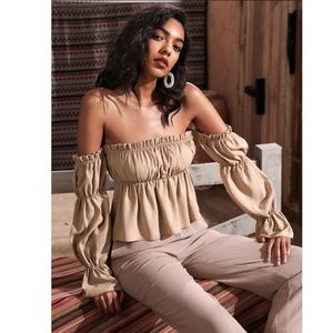 Off the Shoulder Tan Ruched Top